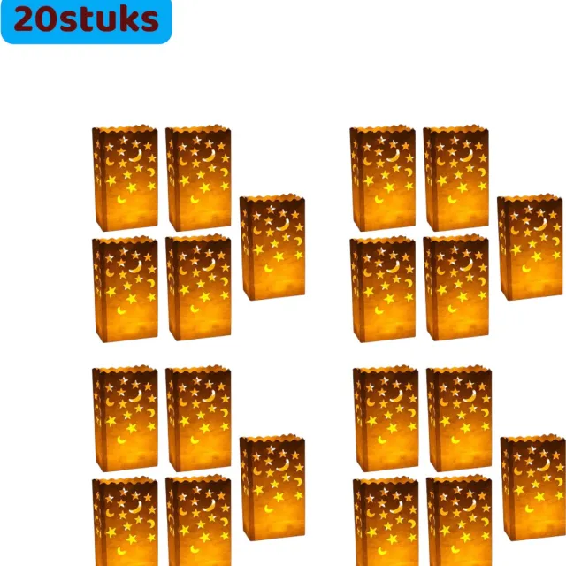 SWGOTA 20 stuks - Kaarsenzakjes - Glow in the Dark Vlamvertragend - met Ster- en Maanpatroon - Herbruikbare feestlichtzakjes - Veilige sfeerverlichting voor bruiloften en Valentijnsdag - Wit
