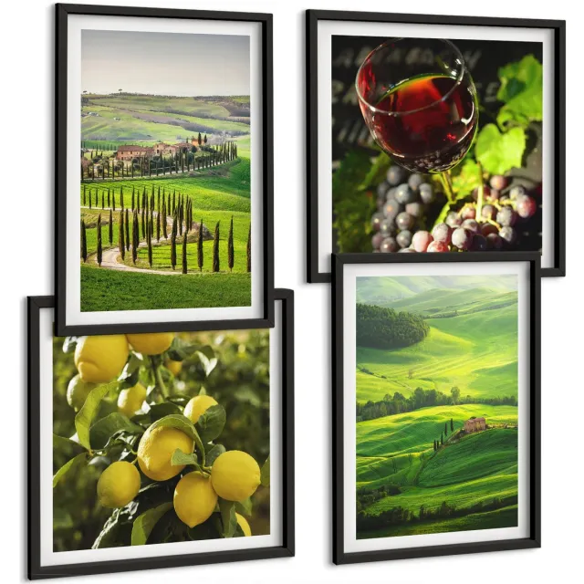 TULUP 4-Delige Schilderij Set - Italiaanse landschappen met citrusbomen en groene heuvels - 40 x 40 cm en 40 x 60 cm - Muurdecoratie - Schilderijen Set - Woonkamer - Moderne Wanddecoratie Zwarte lijst