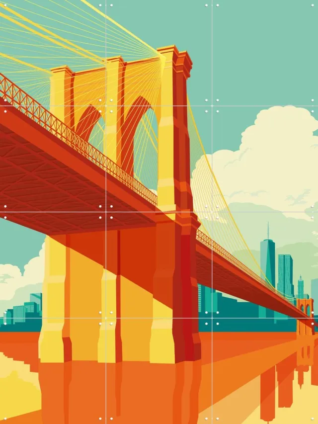 IXXI NYC - Brooklyn Bridge Blue, Remko Heemskerk & Kunst in Kaart - 60 x 80 cm - Grote wanddecoratie en posters - Kleurrijk, Digitale Kunst, Grafisch Geel