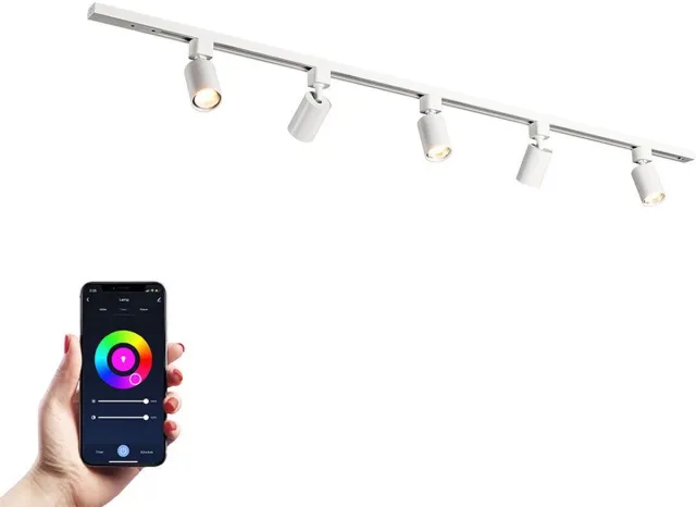 HOFTRONIC railverlichting pakket recht – 1,5 meter rail – 5 RGBWW GU10 railspots – dimbaar via app – aluminium wit – IP20 – modulair – 230V – led railverlichting woonkamer keuken