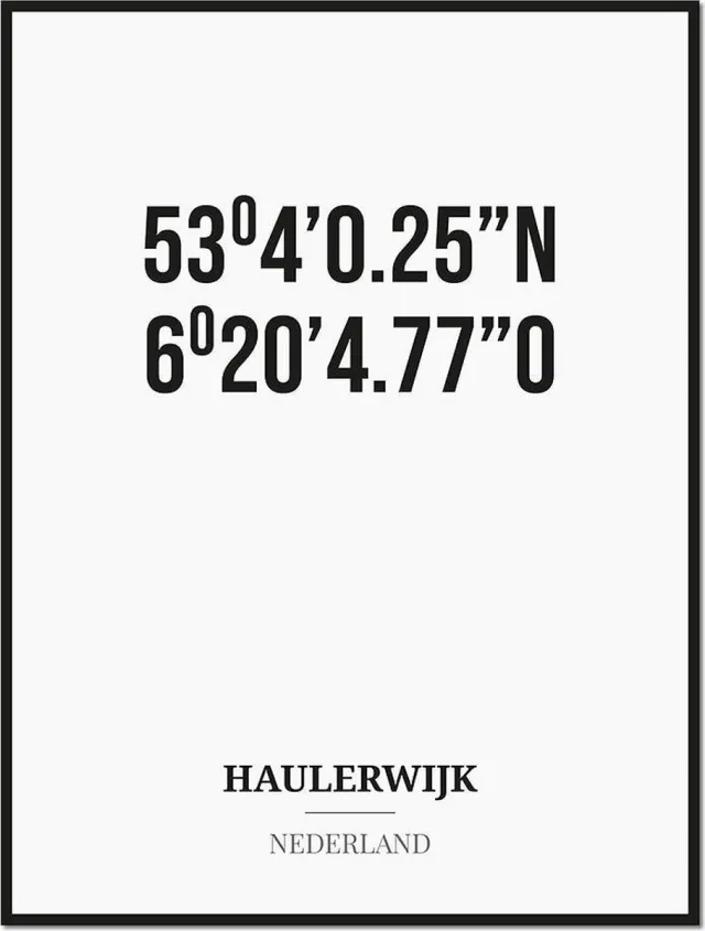 Studio216 Poster/kaart HAULERWIJK met coördinaten zwart, wit