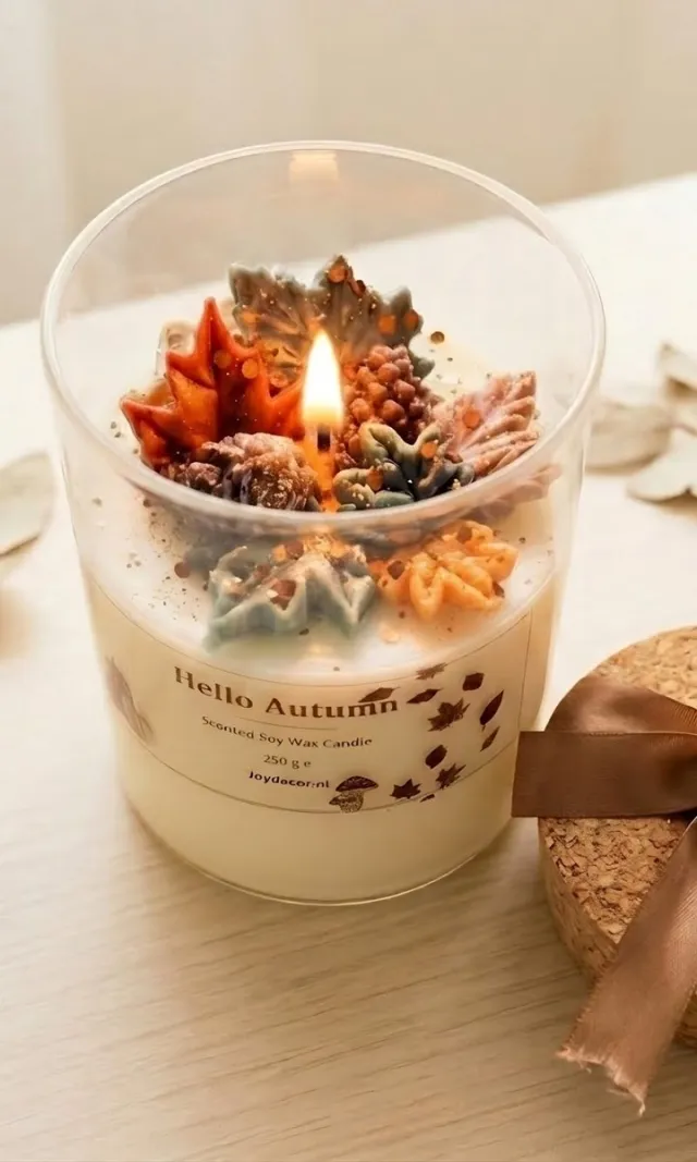 JoyDecor Hello Autumn Geurkaars – Pumpkin Spices & Vanille – 250g – Handgemaakt – Luxe Herfstkaars in Glas Wit