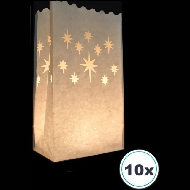 Volanterna 10x Candle Bags STERREN – Hoogte 26 cm – Bodem 16x9 cm – Lichtzakken – Brandvertragend Papier – Voor Kerst, Feest, Herdenking, Avonddecoratie – Candlebag wit