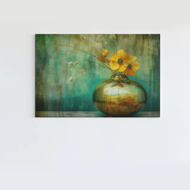 Trendex Global Canvas Schilderij - Kunst - Vaas en Gele Bloemen - 60x40x2 cm Groen