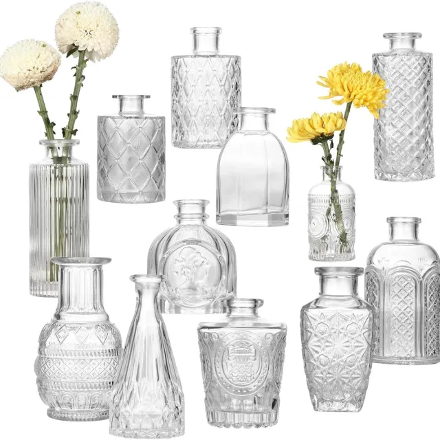 Famanu Set van 12 kleine vazen, vintage, kleine glazen vazen voor tafeldecoratie, bruiloftsdecoratie, woonkamerdecoratie van hoogwaardig materiaal met elegante vorm, vintage, modern accent voor woonkamer of eettafel transparant