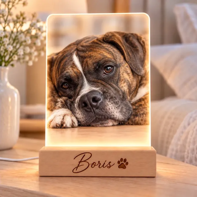 Petshop Seven Luxe Fotolamp Huisdier | Gepersonaliseerde Fotolamp Hond | Kat | LED Fotolamp met Foto en Naam Gravure | Hondenlamp | Kattenlamp | Huisdier Cadeau | Memorial | Petshop Seven wit