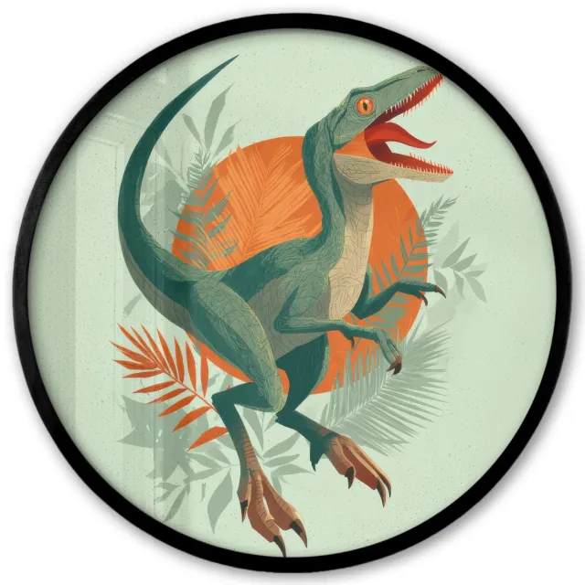 FrameYourWall Poster in lijst Rond - Fotolijst 40x40 cm - Posters - Dino - Bladeren - Grafisch - Groen - Ronde posterlijst zwart - Decoratie - Wanddecoratie woonkamer - Muurdecoratie slaapkamer