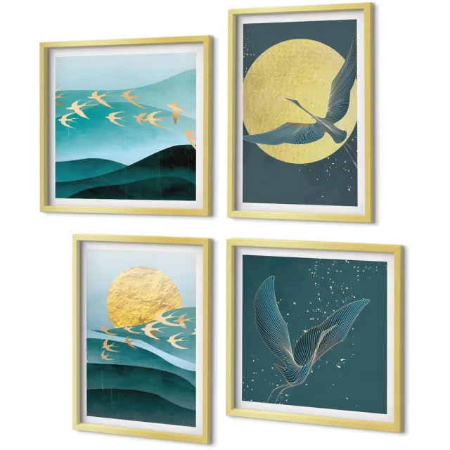 Coloray 4-Delige Schilderij Set - Stijlvolle abstracte landschappen met vogels - 40 x 40 cm en 40 x 60 cm - Stijlvolle Wanddecoratie - Interieur - Woonkamer Decoratie Gouden lijst