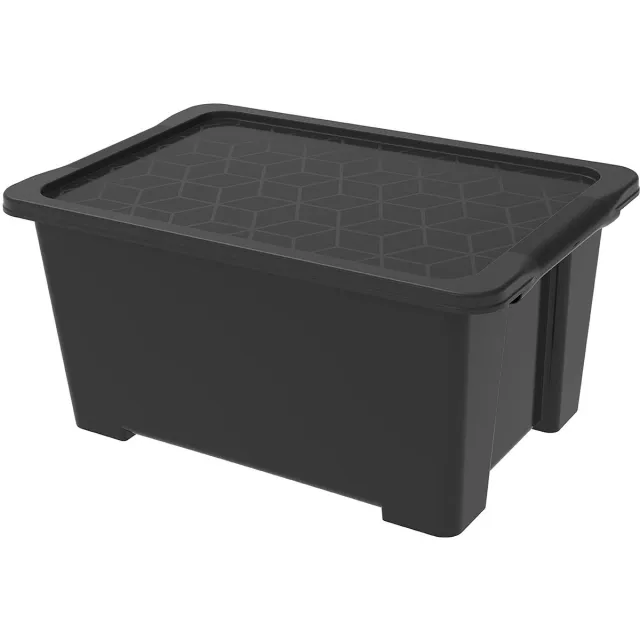 Famanu Opbergkist van 44 liter met deksel, kunststof (PP gerecycled), zwart, 58,5 x 39,0 x 27,9 cm