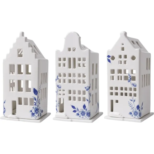 Heinen Delfts Blauw Waxinelichthouder - Delfts blauw - set van 3 - Grachtenhuisjes groot - 17 cm hoog - Heinen Delfts blauw - Hollands cadeautje - Holland souvenir Wit