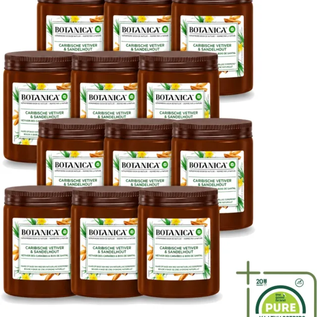 Air Wick 12 x Botanica by Air Wick - Geurkaars - Vetiver & Sandelhout - 40 Uur Brandduur - Grootverpakking - Vaatwasstrips - Geurkaars Vetiver Sandelhout - Vetiver Geur - Sandelhout Geur - Geurkaars 40 Uur - Botanica Geurkaars Bruin