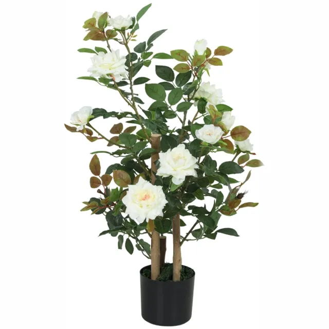 Wishdor Kunstmatige rozenplant met witte bloemen - Vier stengels en 17 rozen - UV-bestendig en onderhoudsvrij - Voor woonkamer slaapkamer terras en entree - Zijde kunststof en hout - 33 x 40 x 90 cm