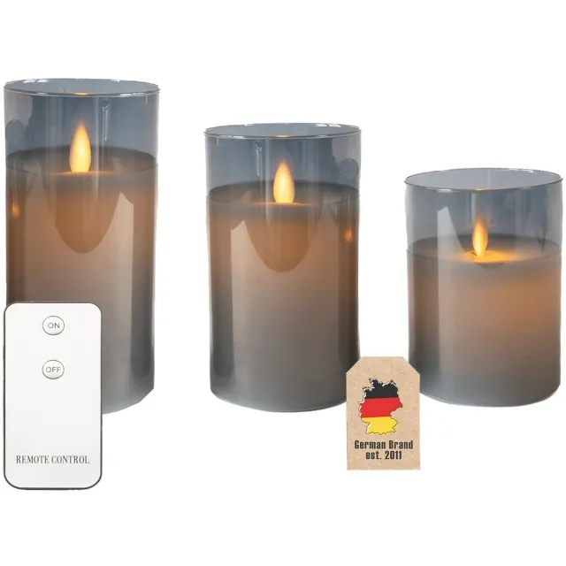 Intirilife 3x Kaarsen vlamloze LED-kaarsen van was in glas in Rokerig Grijs - 7.4 x 15 /12.5 / 10 cm - Batterij-aangedreven stompkaarsen met afstandsbediening, decoratie-idee