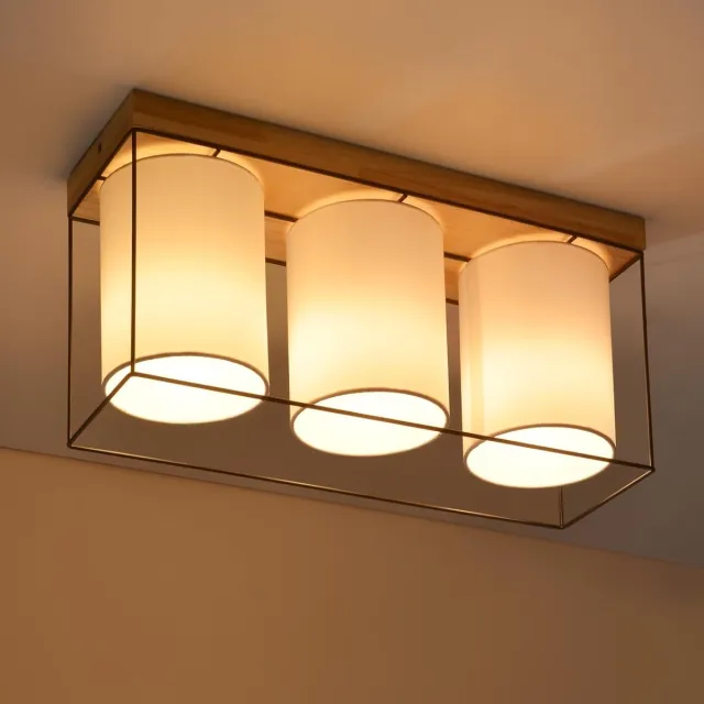 Glitzerlife Hout & Stof Lamp Plafondlamp - 3-lichts E14 Fitting - Vintage Industrieel Retro Design - Voor Woonkamer, Eetkamer, Slaapkamer, Keuken - Zonder Lichtbron Houtkleur