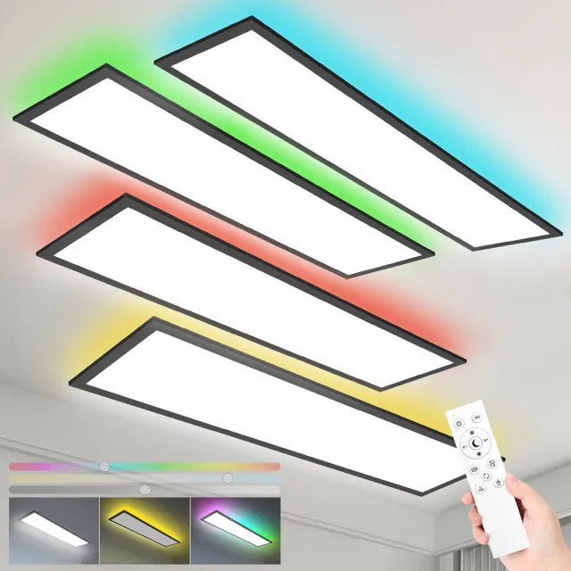 Oraymin LED Plafondlamp Paneel Zwart 120x30 cm-RGB Licht-Dimbaar met Afstandsbediening-Hal Kantoor-Woonkamer-4 Stuks