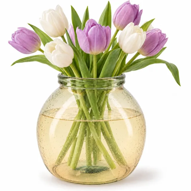 Cheqo Glazen Vaas Gerecycled Glas Beige - Bloemenvaas - Bolle Vaas voor Droogbloemen, Pampasgras en Kunstbloemen - Boeketvaas - Tafeldecoratie voor Eettafel en Salontafel - Woondecoratie - Woonaccessoires