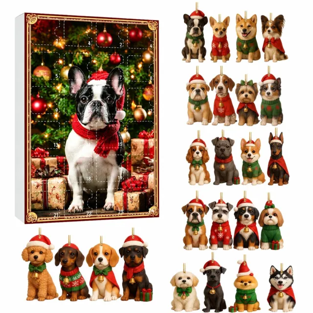 SWGOTA Adventskalender 2026 met 24 platte acryl hondenhangers, kerstboomdecoratie met ophangkoord en kalenderdoos Rood