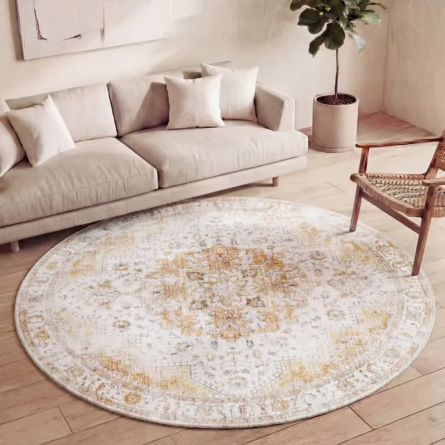 Fraai Rond Vintage vloerkleed - Lago Geel | Hoge kwaliteit - Ø 120cm