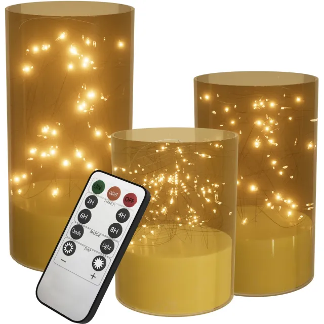 Aufun LED vlamloze kaarsen met afstandsbediening - Flikkerend - Acryl stompkaarsen - Op batterijen - Type C - Goud - Set van 3 - Voor huisdecoratie en kerstversiering goud type C