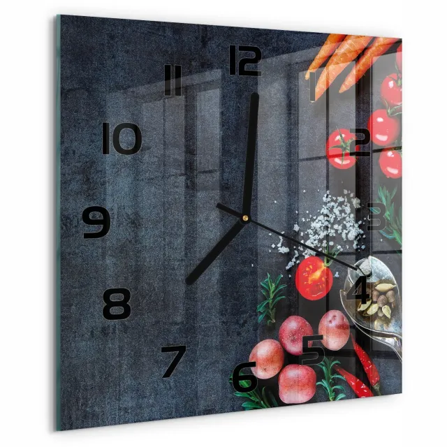 TULUP Wandklok - Ingrediënten Gekleurde Glazen Klok - 30x30 cm - Veelkleurig Glazen Klok Met Print - Zwarte handen - Vierkante Klok - Moderne Wandklok Glas - Wandklok Glas Decoratie