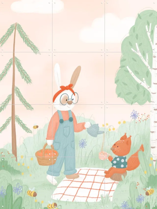 IXXI Spring Picknick, Studio Phie - 60 x 80 cm - Grote wanddecoratie en posters - Kleurrijk, Fantasierijk, Speels, Illustraties, Babykamer Groen