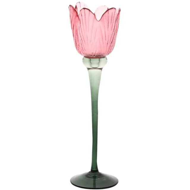 dekoratief Theelichthouder tulp op voet, roze/groen, glas, 8x8x28cm | A255810