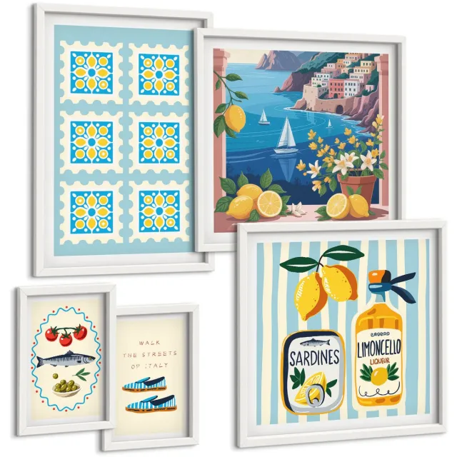 Coloray 5-Delige Schilderij Set - Keukeninspiratie Uit Italië: Mediterrane Smaken En Stijl. - 50 x 50 cm, 20 x 30 cm En 40 x 60 cm - Decoratieve Schilderijen - Wanddecoratie - Hal Witte lijst