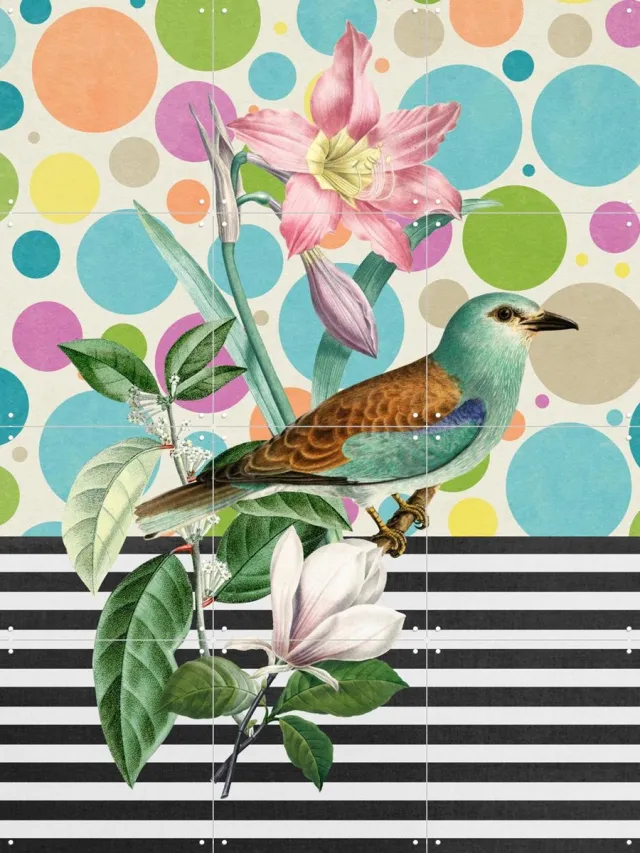 IXXI Sweet Spring Bird, Marja van den Hurk - 60 x 80 cm - Grote wanddecoratie en posters - Digitale Kunst, Gemengde Technieken, Trap, Woonkamer Groen / Blauw