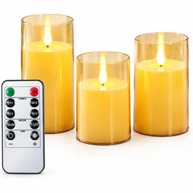 SWGOTA led kaarsen, set van 3 met afstandsbediening - bruin, vlakke bovenrand, diameter 7,5 cm, hoogtes 10/12,5/15 cm, voor bruiloften en feestdecoratie
