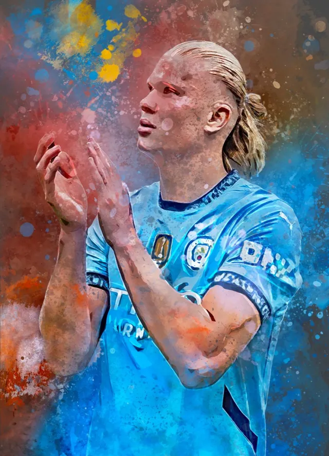 Wallofprints Haaland poster op A0 semi- glossy papier - 84.1x118.9 cm - Sport poster - Voetbal poster - Unieke poster van Erling Haaland in Man City tenue met donkergrijze achtergrondkleur
