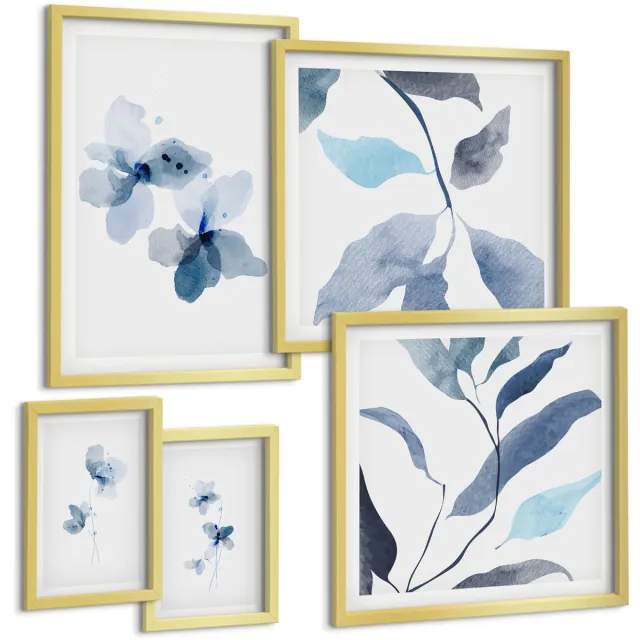 TULUP 5-Delige Schilderij Set - Stijlvolle aquarelbloemen en -bladeren in blauwe tinten - 50 x 50 cm, 20 x 30 cm en 40 x 60 cm - Muurdecoratie - Wanddecoratie - Hal - Stijlvolle Muurdecoratie Gouden lijst