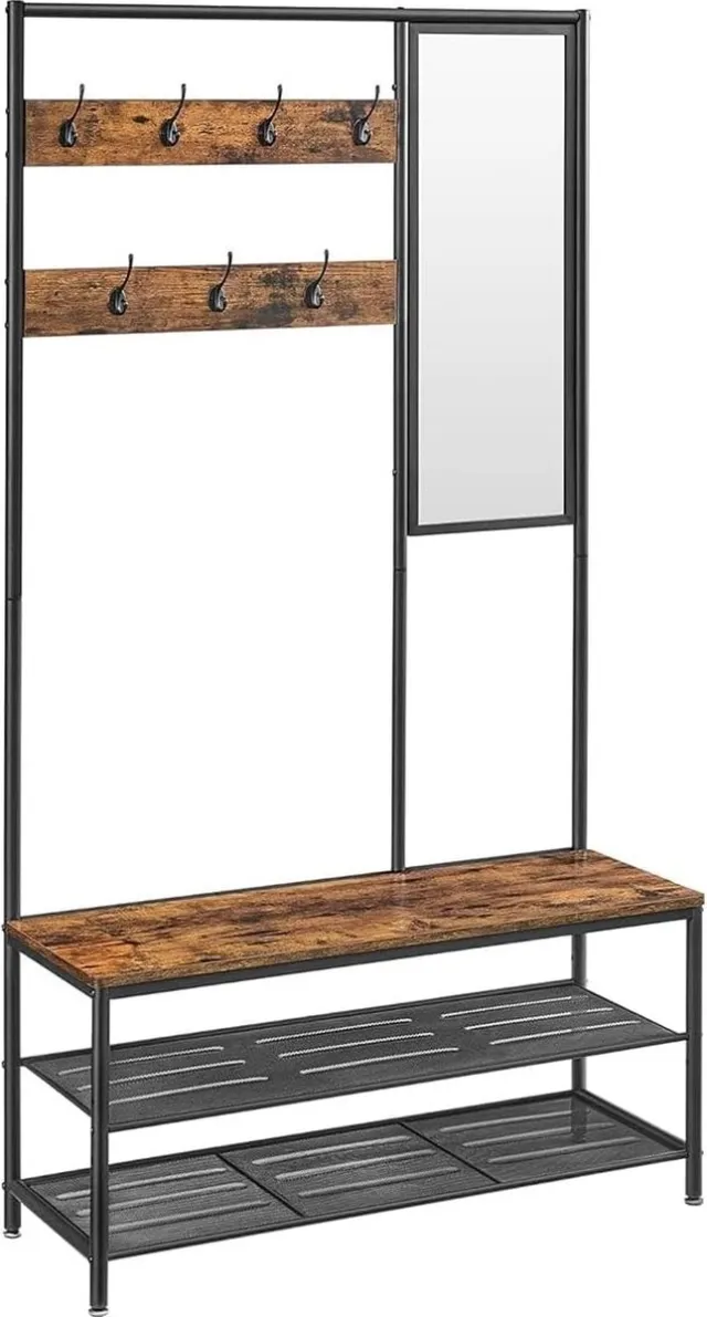 FurnStar Kapstok met schoenenopberger - kapstok voor gang met spiegel - haken - bank en schoenenplanken - 35 x 98 x 180 cm - hal slaapkamer entree - industrieel - Rustic Brown+black