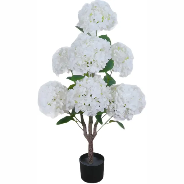 Happiq Kunstmatige Hortensia Boom - Voor binnen, buiten en kantoor - Witte bloemen en bladeren, ingemaakt - 90 cm / In pot