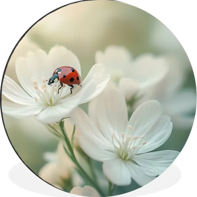 WallCircle Wandcirkel - Muurcirkel - Lieveheersbeestje - Bloemen - Wit - Aluminium - Dibond - 30x30 cm - Binnen en Buiten
