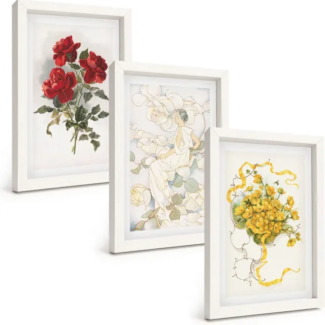 TULUP 3-Delige Schilderij Set - Rode rozen in een witte vaas met gele bloemen. - 20x30 - Wanddecoratie - Schilderijen Set - Kantoor - Muurdecoratie