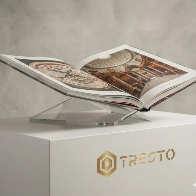 TRESTO Boekenstandaard Gekanteld voor Koffietafel of Kookboek - Transparant Plexiglas - 35x24cm Kruisstandaard - Luxe Kookboekstandaard - Boekenhouder voor Medium tot XL boeken - Design Bookstand - Boekensteun - Acryl