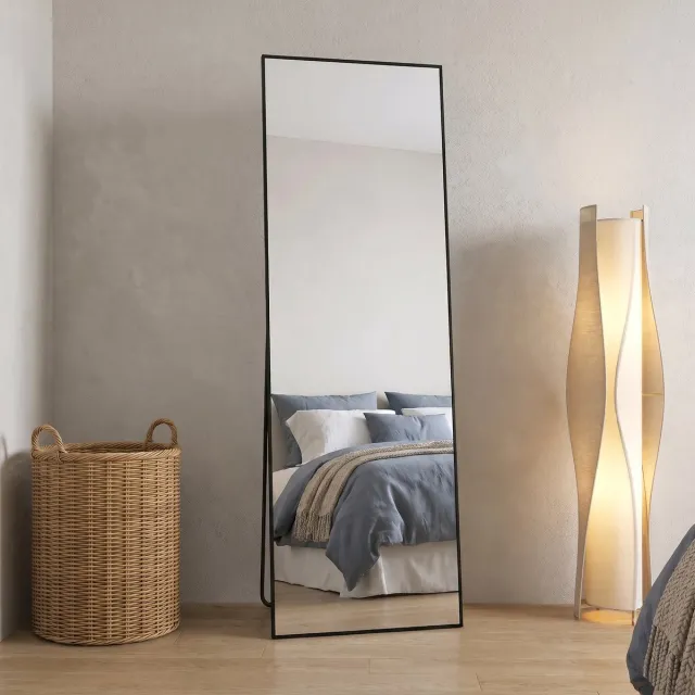 MEXUS Spiegel van Volledige Lengte 162x53cm, Vrijstaande Spiegel met Eenvoudig Frame, Grote HD-Wandspiegel met Haak, Heldere HD-Glazen Reflectie, Onbreekbaar en Lichtgewicht (Zwart, 162x53cm)