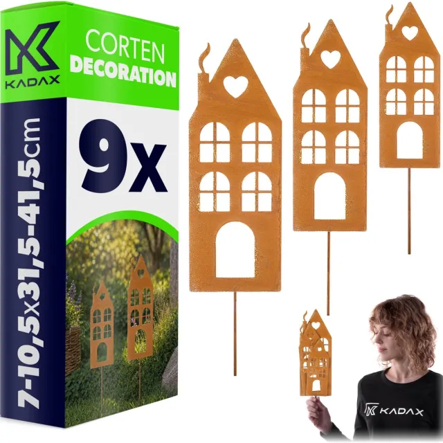 KADAX tuinpluggen van cortenstaal, set van 9, roestdecoratie voor in de tuin, roestvrijstalen tuindecoratie om in te pluggen, metalen roestplug, roestige tuindecoratie