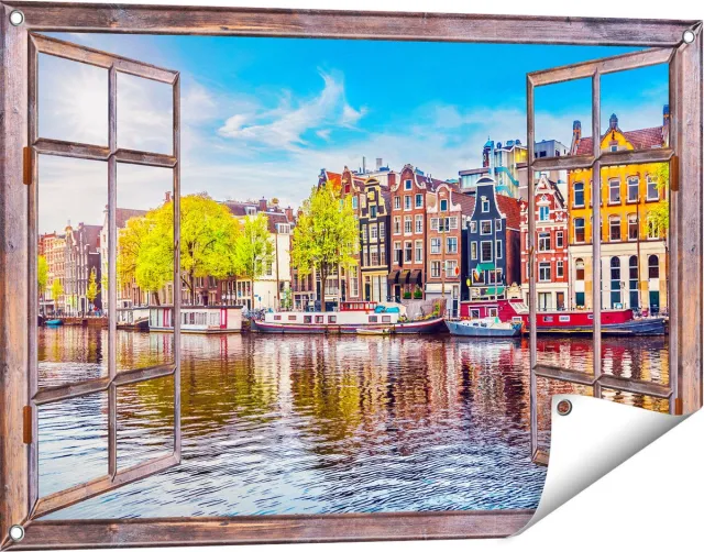 Gards Tuinposter Doorkijk Amsterdamse Huisjes aan het Water - 90x60 cm - Tuindoek - Tuindecoratie - Wanddecoratie buiten - Tuinschilderij Bruin