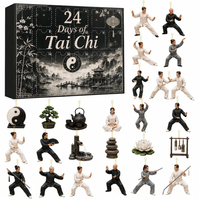 SWGOTA Tai chi-adventskalender voor 24 dagen met platte hangdecoraties in papieren doos Zwart