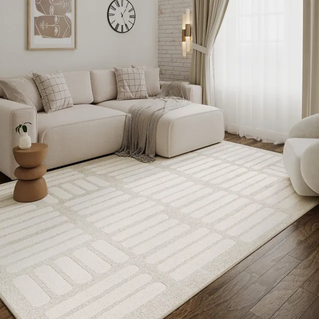 Tapiso Terra Vloerkleed - Geblokt Geometrisch Patroon - Woonkamer & Slaapkamer - Laagpolig Tapijt met 3D-Effect - Crème Beige Wit - OEKO-TEX, foto 4