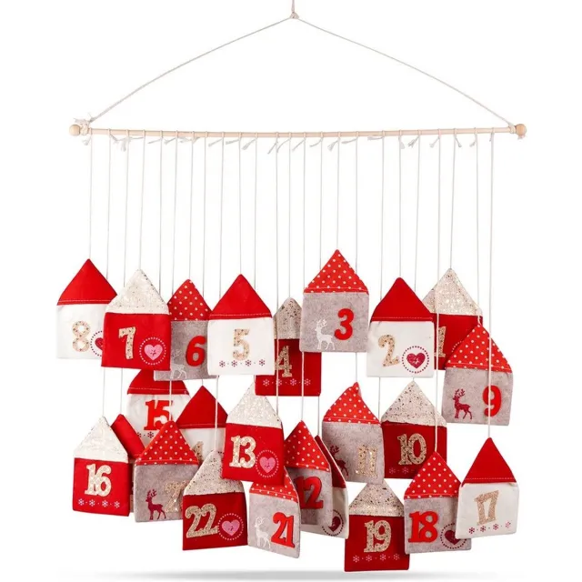 vilde Adventskalender Vilt Rood 70x60 cm - Advent Kalender - Kerst Aftellen beige