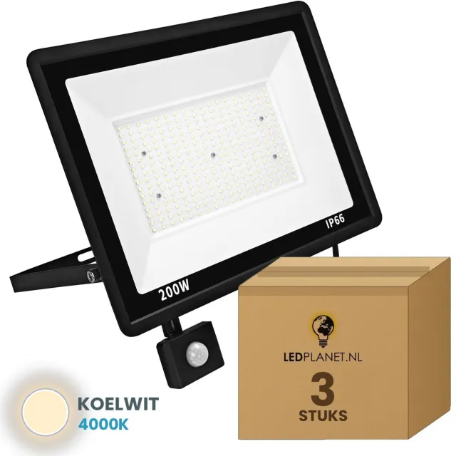 Tsong LED Schijnwerper 200W - 3 stuks - 24.000 lm - Koelwit 4000K - 120° Breedstraler - Bewegingssensor - IP65 - Buitenlamp & Gevelverlichting - 2 jaar garantie