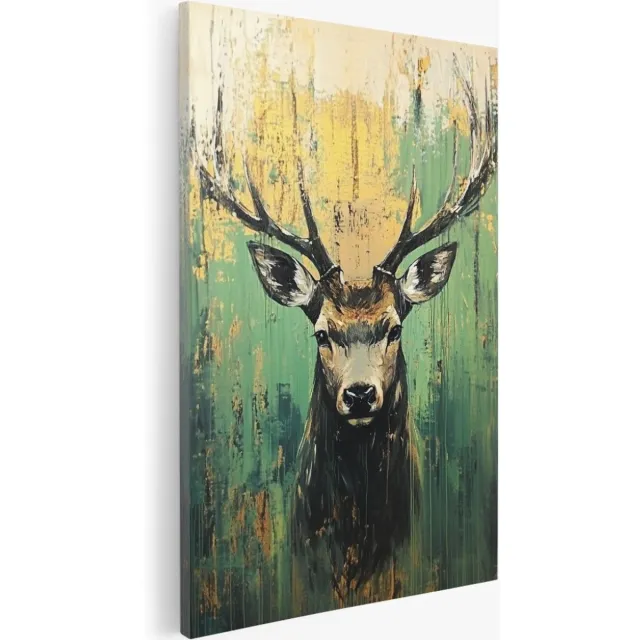 Saammp Canvas Schilderij - Hert - Groen - Abstract - Dieren - Natuur - 100x150 - Foto op canvas - Wanddecoratie - Muurdecoratie Woonkamer - Slaapkamer decoratie - Canvas Print Multicolor