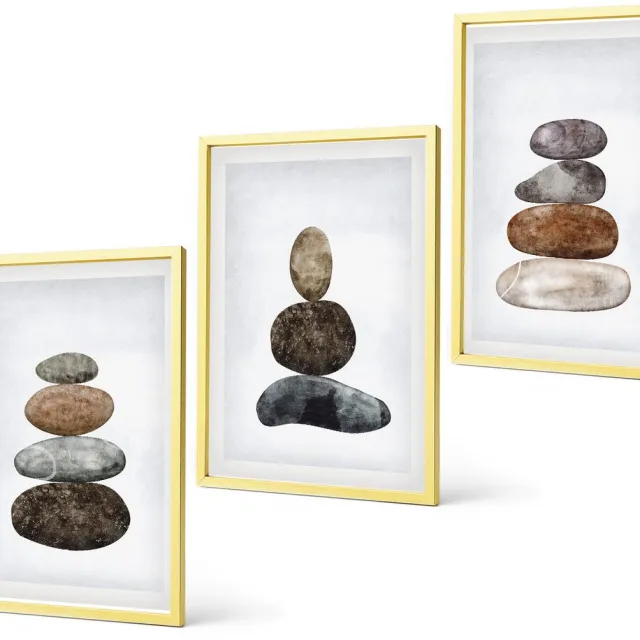 Coloray 3-Delige Schilderij Set - Minimalistisch Boho-Schilderij Van Steenstapels - 40 x 40 cm En 40 x 60 cm - Muurdecoratie - Decoratieve Schilderijen - Wohnzimmer - Woonkamer Decoratie Gouden lijst