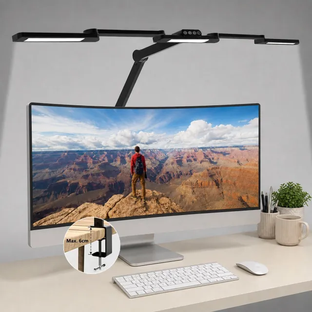 Rosnek LED Bureaulamp met Klem - Architectenlamp 105 cm voor L-Vormig Bureau - Automatisch Dimbaar - Monitorlamp voor Meerdere Schermen - Leeslamp voor Thuiswerk - Verstelbare Werkbanklamp Zwart