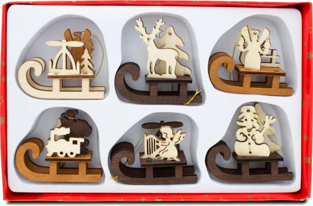 Brubaker 6-Delige Set Sledehangers - Kerstboomversieringen - Kerstboomhangers Kerstboomversieringen van Natuurlijk Hout veelkleurig