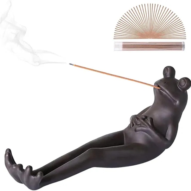 Famanu Wierookstokjeshouder in kikkervorm, wierookhouder, brander van keramiek, asvanger, grappige kikkerversiering, woonaccessoires voor yoga, meditatie, thuis, kantoor, kantoor Zwart
