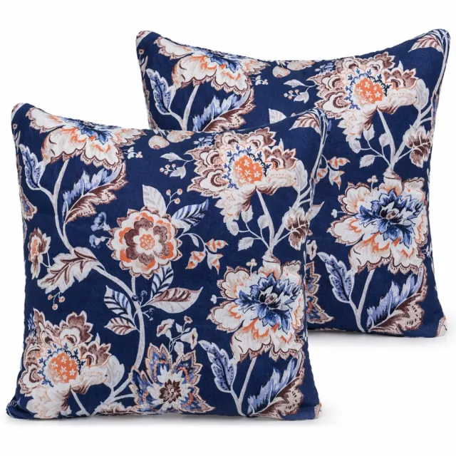 Urbane Hide Set van 2 Luxe Kussenhoezen 45x45 cm | Sierkussens | Katoen Canvas Kussenhoes | Blauw Bloemen Design | Digitale Print | Cushion Covers marine blauw