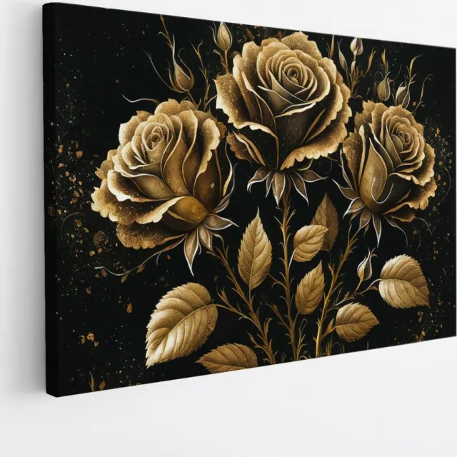 Saammp Canvas Schilderij - 3 Goude Bloemen - Abstract - 30x20 - Foto op canvas - Wanddecoratie - Muurdecoratie Woonkamer - Kantoor Decoratie Multicolor